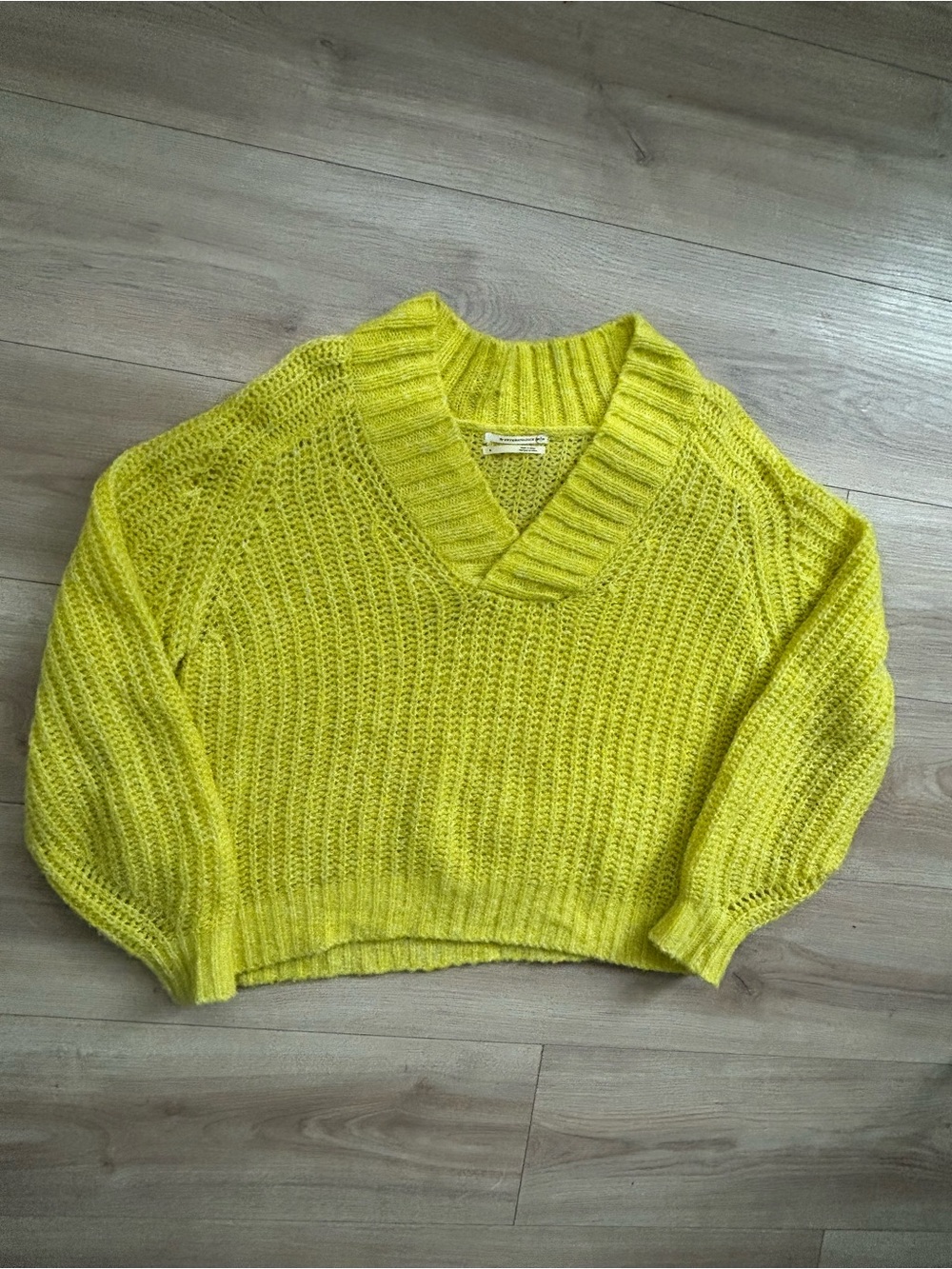 Anthropologie Neon Yellow V-Neck Chunky Knit Pullover